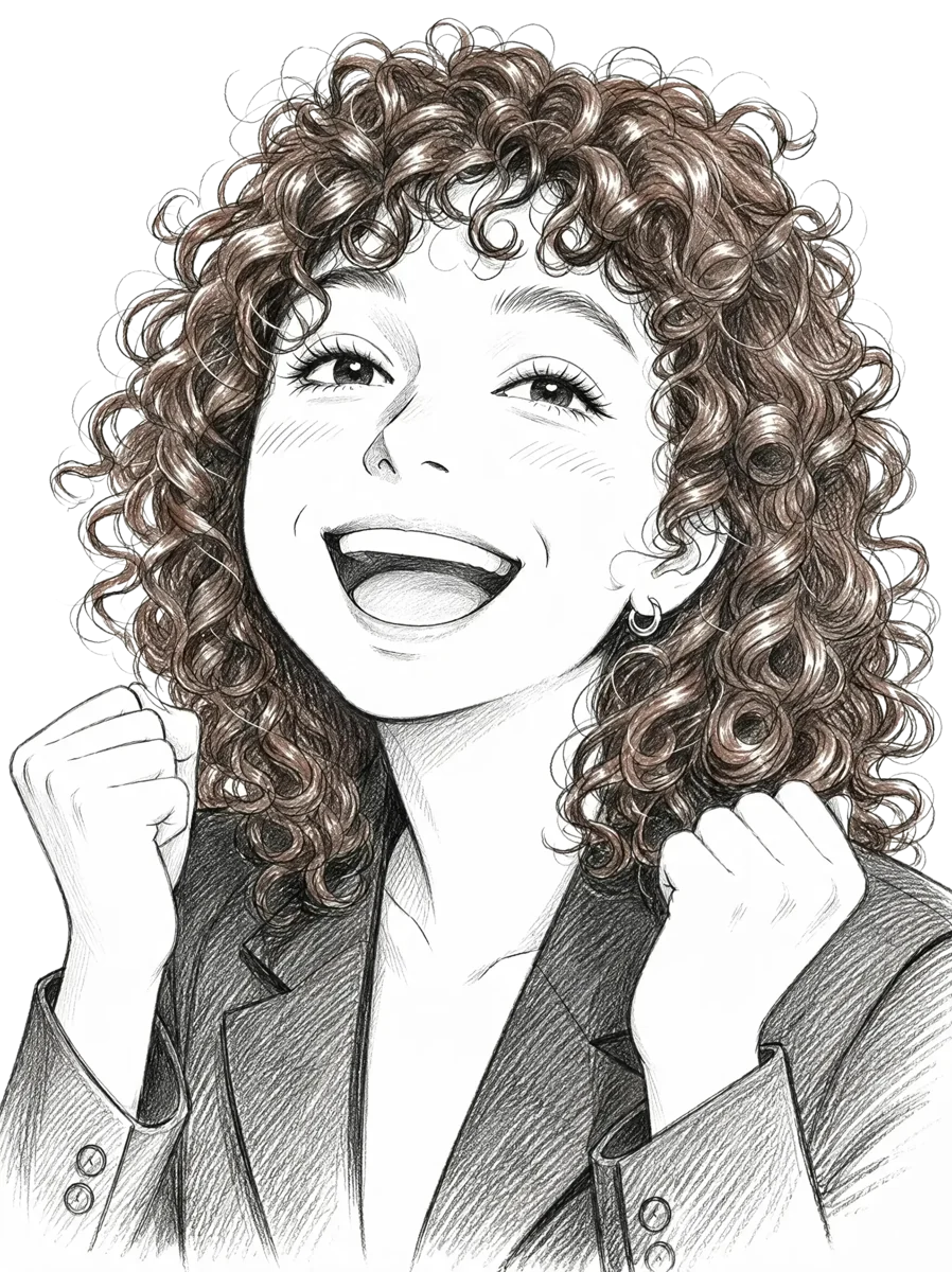 Ilustração a lápis da Jan sorrindo, com os punhos erguidos